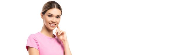 Website header of woman in pink t-shirt looking at camera isolated on white, concept of breast cancer - 写真・画像