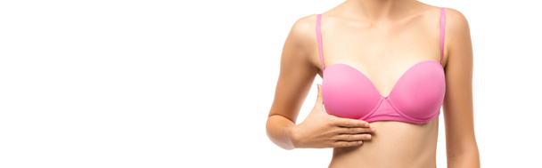 Panoramatická orientace ženy v růžové podprsence izolované na bílém, koncepce karcinomu prsu  - Fotografie, Obrázek