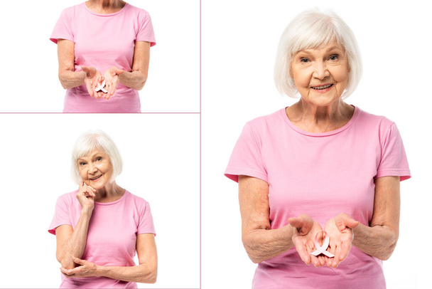 Collage of senior woman in pink t-shirt holding breast cancer awareness ribbon isolated on white - Фото, изображение