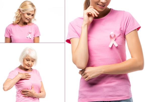 Collage de mujeres con cinta rosa de conciencia de cáncer de mama en camisetas aisladas en blanco - Foto, Imagen