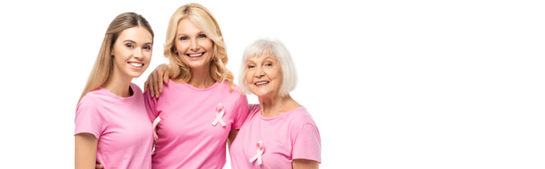 Website header of women with breast cancer awareness ribbons hugging isolated on white - Φωτογραφία, εικόνα