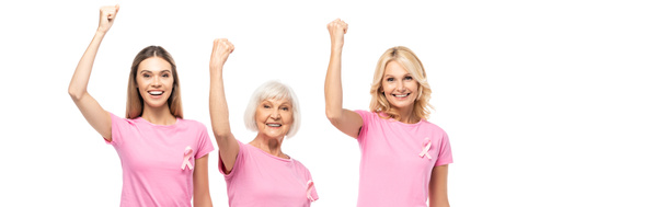 Заголовок сайта женщин с розовыми лентами осведомлённости о раке молочной железы, показывающий да изолированы на белом - Фото, изображение