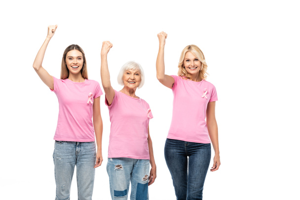 Women looking at camera and showing yeah gesture isolated on white, concept of breast cancer awareness  - Photo, Image