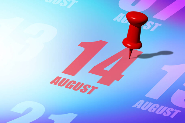 14. August. Tag 14 des Monats, rotes Datum geschrieben und an einen Kalender geheftet, um Sie an ein wichtiges Ereignis oder eine Möglichkeit zu erinnern. Sommermonat, Tag des Jahres. - Foto, Bild