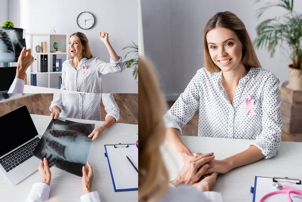 Collage of patient with yes gesture, holding hands with doctor, looking at x-ray - Foto, afbeelding