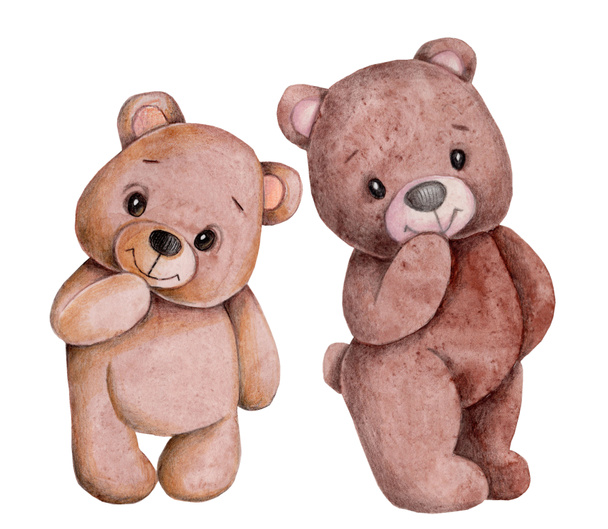 Linda ilustración de acuarela de pequeños osos de peluche marrón dulce. Dibujado a mano, aislado sobre fondo blanco.  - Foto, Imagen