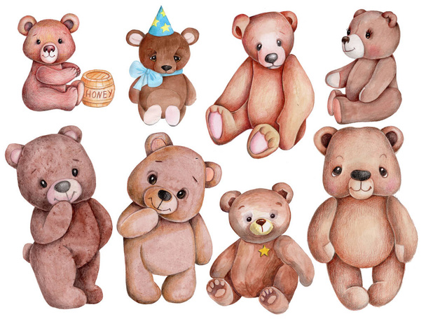 Niedliche Aquarell-Illustration von süßen kleinen braunen Teddybären. Handgezeichnet, isoliert auf weißem Hintergrund.  - Foto, Bild