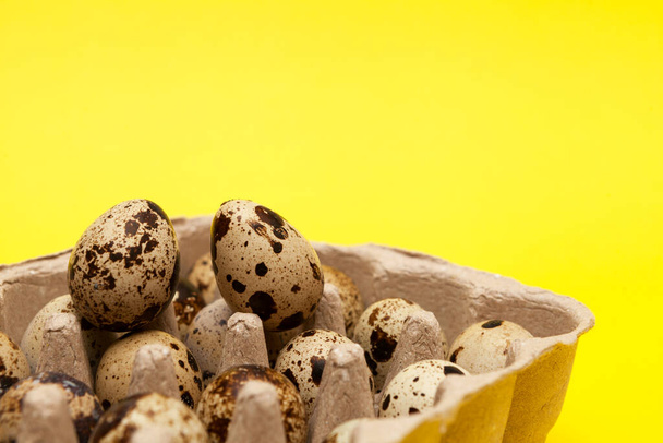 Quail eggs on a yellow background. Selective focus, close-up, copy space. - Zdjęcie, obraz