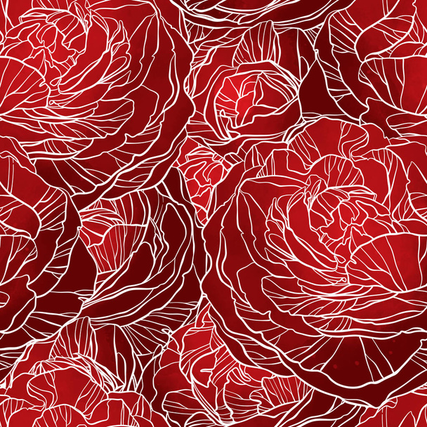 Róże kwiaty vintage bezszwowy wzór. Linie cyfrowe ręcznie rysowany obraz z akwarelową fakturą, plamy i plamy. Mieszane prace medialne. Niekończący się motyw dekoracji tekstylnych i botanicznych - Zdjęcie, obraz