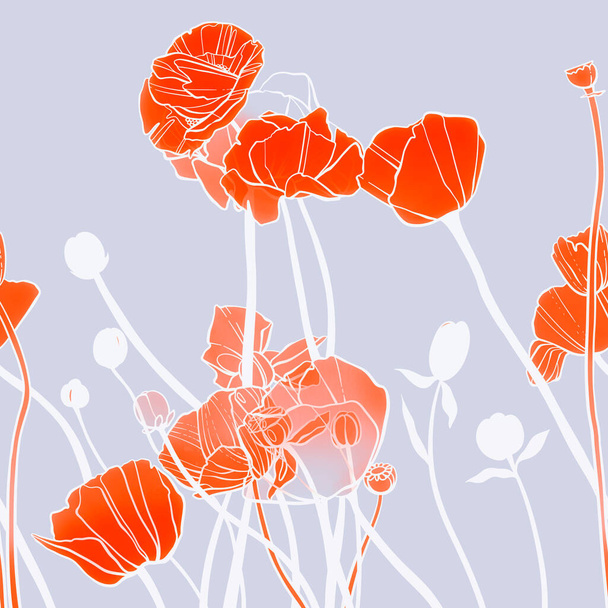 Poppies flowers seamless border. Digital lines hand drawn picture with watercolour texture, spots and splashes. Mixed media artwork. Endless motif for textile decor and botanical design - Φωτογραφία, εικόνα