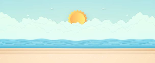 夏時間、風景、風景、ビーチと青い海、雲と明るい太陽、紙アートスタイル - ベクター画像