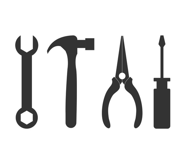 Icônes clé, marteau et tournevis design vectoriel plat. symbole de réparation. - Vecteur, image