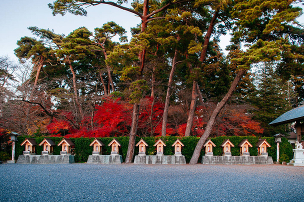 Morioka Hachimangu Heiligdom kleine geest huis met rode herfst esdoorn bomen en grote pijnboom - Iwate, Japan - Tohoku regio mooie historische bezienswaardigheid - Foto, afbeelding