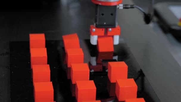 Pick ja paikka robottikäsi manipulaattori liikkuvat punainen lelu lohkojen robotti näyttely - Materiaali, video