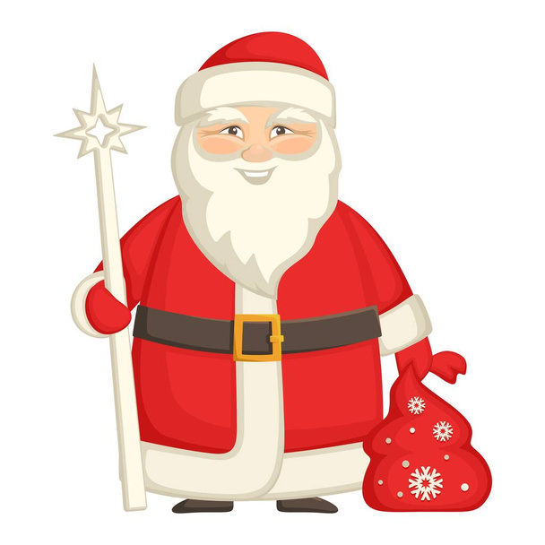 Vicces kövér Ded Moroz piros kabátban. A kezében tart egy botot egy csillaggal és egy zsák ajándékkal. Mosolygós rajzfilmfigura fehér háttérrel. Lapos vektor illusztráció szilveszter és karácsony. - Vektor, kép
