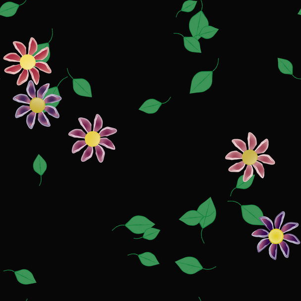 basit renkli çiçekleri olan serbest kompozisyon ve duvar kağıdı için yeşil yapraklar, vektör illüstrasyonu - Vektör, Görsel