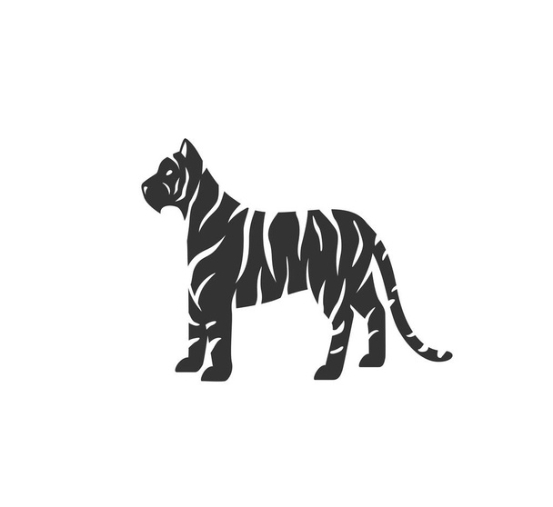 Ilustración vectorial de silueta de tigre. Logo de gato salvaje rayado blanco y negro. Aislado sobre fondo blanco - Vector, Imagen
