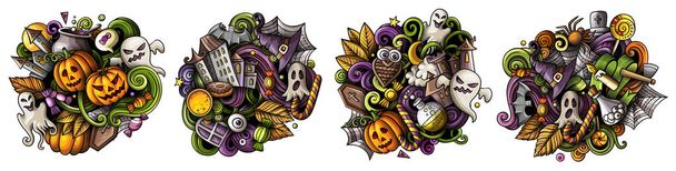 Halloween dibujos animados digitales doodle diseños conjunto. Coloridas composiciones detalladas con muchos objetos y símbolos navideños. Aislado sobre ilustraciones en blanco - Foto, imagen