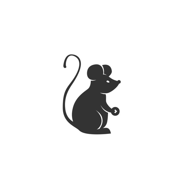 Ilustración de vectores de silueta de rata. Logo lindo ratón blanco y negro en estilo plano de dibujos animados simples. Aislado sobre fondo blanco - Vector, Imagen