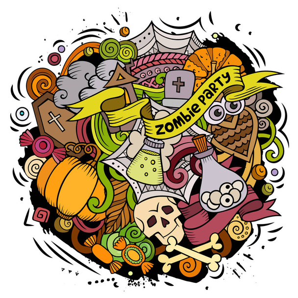 Cartoon digitale scarabocchi Buon Halloween illustrazione. Colorato, dettagliato, con un sacco di oggetti di sfondo. Tutti gli oggetti sono separati. Colori vivaci immagine divertente - Foto, immagini