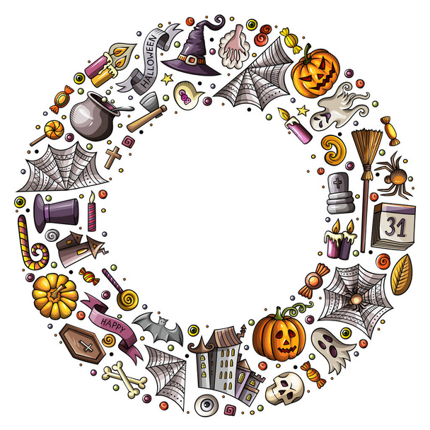 Colorido conjunto dibujado a mano digital de dibujos animados de Halloween garabatos objetos, símbolos y artículos. Composición marco redondo - Foto, imagen
