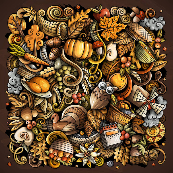 Cartoon digitale doodles Gelukkige Thanksgiving Day illustratie. Kleurrijk, gedetailleerd, met veel objecten achtergrond. Alle objecten scheiden. Heldere kleuren grappig beeld - Foto, afbeelding