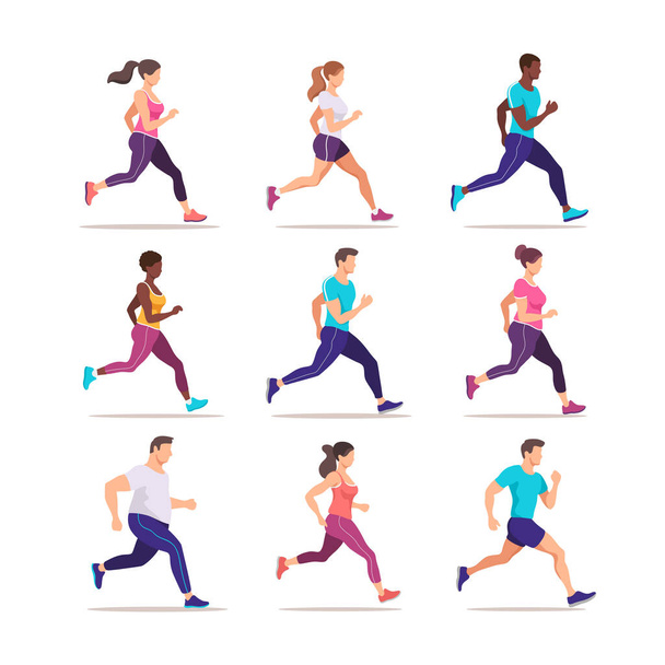 Conjunto de personas corriendo. Grupo de corredores en movimiento. Entrenamiento para maratón. Ilustración vectorial de estilo moderno. - Vector, imagen