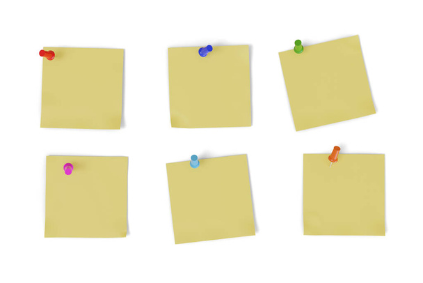 Seis notas em branco presas com pinos coloridos isolados no fundo branco. ilustração 3d. - Foto, Imagem