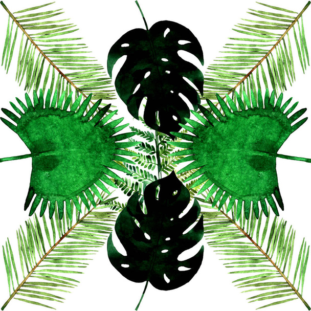 Zökkenőmentes trópusi minta illusztráció monstera, páfrány és pálmalevél elszigetelt fehér alapon  - Fotó, kép