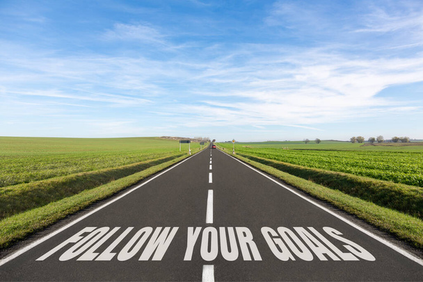 Empty road surrounded by green field and follow your goals written - Photo, Image