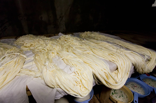Formaggio Suluguni e formaggio feta sono conservati sugli scaffali nel seminterrato del caseificio - Foto, immagini