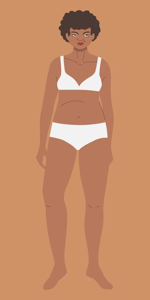 Mujer curvilínea con barriga en ropa interior. Mujer joven con poco sobrepeso, tipo de cuerpo de manzana - Vector, Imagen