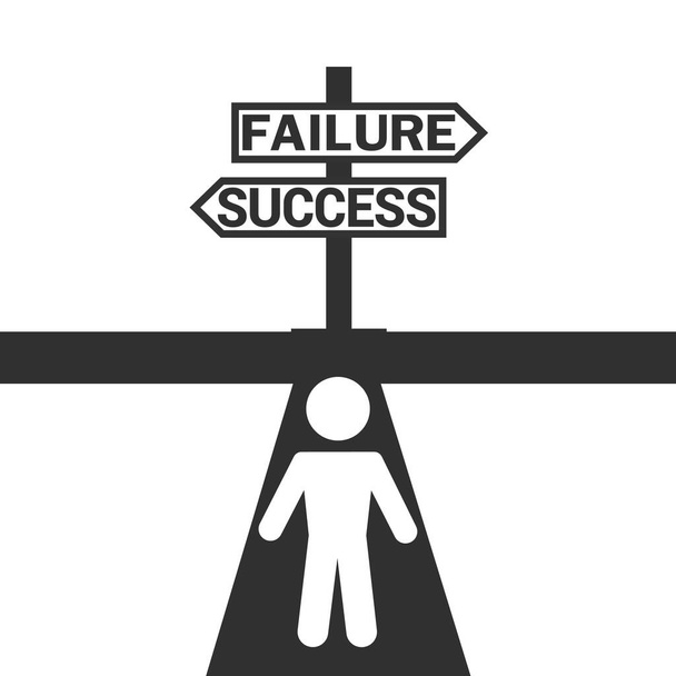Señalización de fracaso o éxito con flechas en diferentes direcciones ilustración, icono del hombre en el camino hacia el éxito o fallar diseño de vectores de signos - Vector, imagen