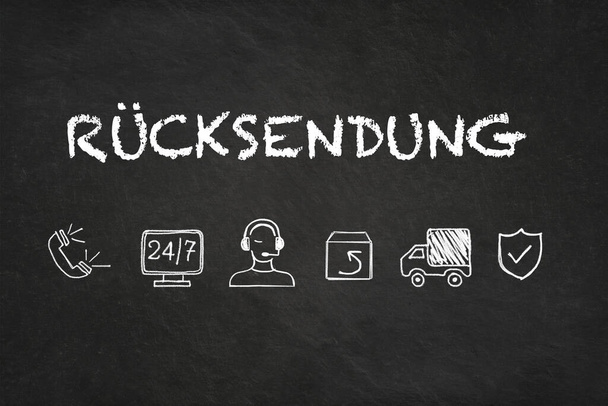 "El texto de Ruecksendung y las compras en línea devuelven iconos sobre un fondo de pizarra. Traducción: Envío de vuelta  - Foto, imagen