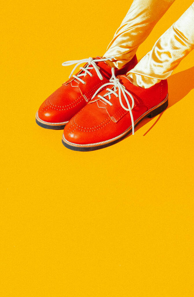 Trendy vintage clothing, shoes in stylish isometric still life minimal. Ideal for fashion bloggers. Copy space - Photo, image