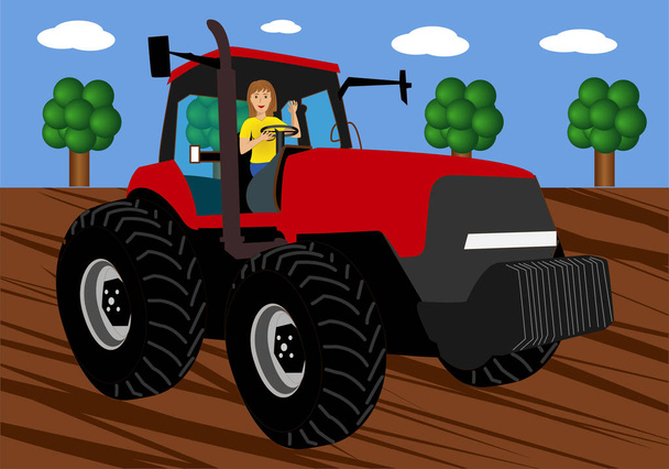 Enterprising agriculture woman driving her tractor while working her land. - Vector, Image