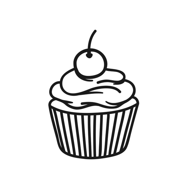 Cupcake mit Kirsche auf der obersten Linie Symbol, Umrissvektorzeichen, lineares Stil Piktogramm auf weiß isoliert. Wüstensymbol, Logo-Illustration. Pixel perfekte Vektorgrafik - Vektor, Bild