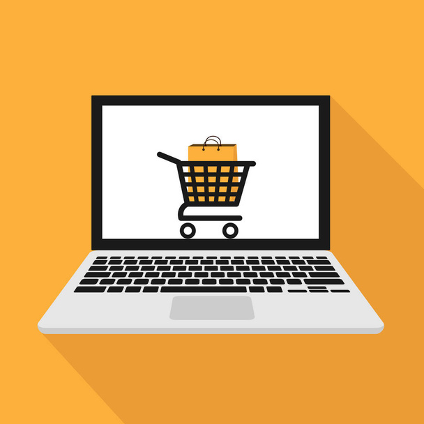 Online obchod na notebooku vektorové ikony. Nákupní košík a taška na oranžovém pozadí ilustrace - Vektor, obrázek