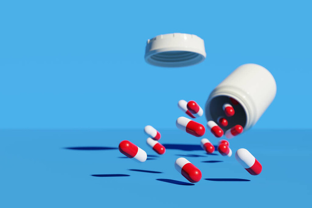 Comprimidos vermelho um branco derramamento para fora da garrafa pílula isolada no fundo azul. ilustração 3d. - Foto, Imagem