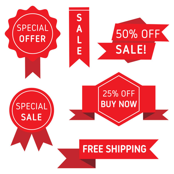 Sale promotie rode banners pictogram set. Online winkel marketing badges vector illustratie. - Vector, afbeelding