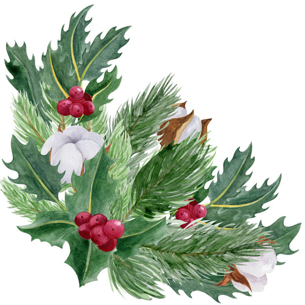 クリスマス植物境界水彩イラスト。ホリー、綿とモミの木の枝は白い背景に隔離された. - 写真・画像