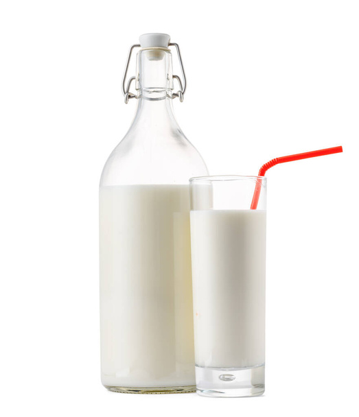 Glass bottle and cup of fresh milk isolated - Φωτογραφία, εικόνα