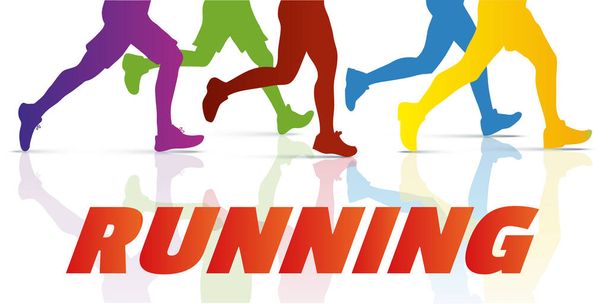 Aktív emberek csoportja. Színes futók lábak árnyék a fehér háttér illusztráció. - Vektor, kép