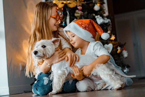 Happy children siblings play and have fun by the Christmas tree, - Foto, imagen