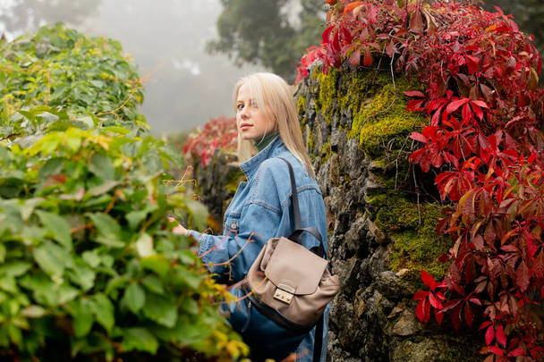Belle blonde dans un jardin avec Virginia Creeper en automne  - Photo, image