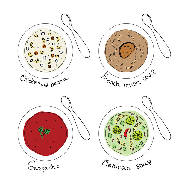 Different soups in white bowl. Vector illustration - Vector, Image