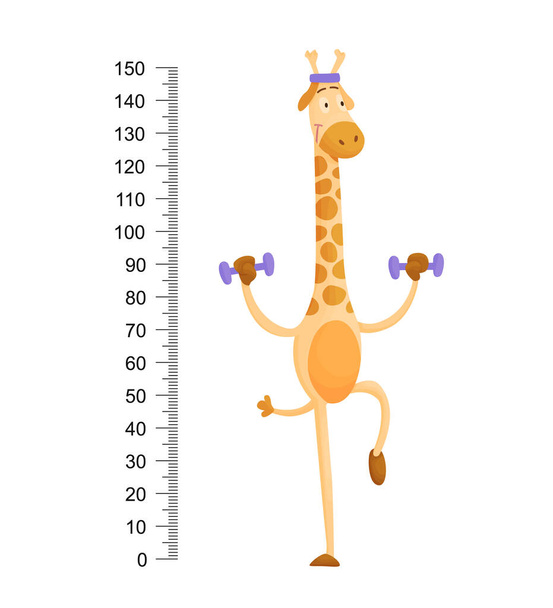 Una jirafa graciosa. Jirafa divertida alegre con cuello largo. Jirafa medidor de pared o tabla de altura o etiqueta engomada de pared. Ilustración con escala de 2 a 150 centímetros para medir el crecimiento - Vector, imagen