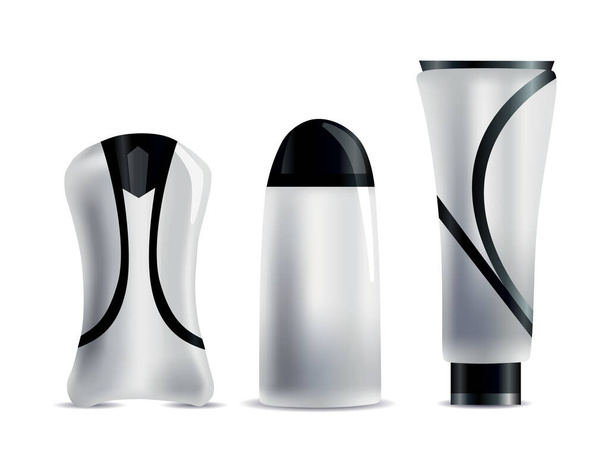 Realistische Blanko-Kosmetikröhrchen. Set von Markenartikeln für Körperkosmetik. Vektor-Attrappe isoliert auf weiß. Kunststoffbehälter für kosmetische Produkte. Auf weißem Hintergrund - Vektor, Bild