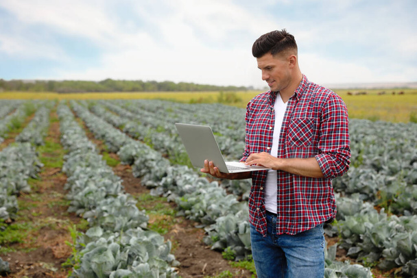Hombre usando portátil en el campo. Tecnología agrícola - Foto, imagen