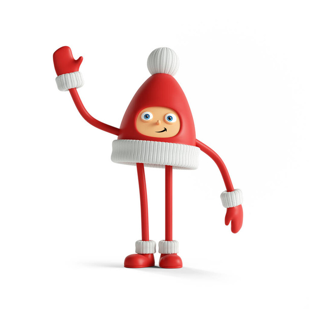3d render. Cute little santa helper waving hand. Christmas toy clip art isolated on white background. Red cap with white pom-pom mascot - Foto, imagen